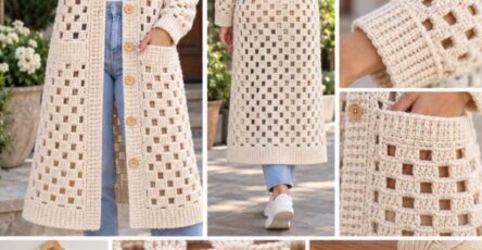 A long, cream-colored crochet cardigan with ribbed cuffs, hem, button band, and open mesh construction, modeled and shown in close-up.