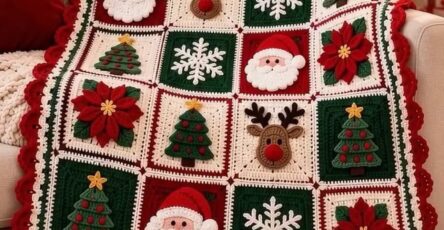 A colorful crocheted Christmas blanket made of squares featuring Santa faces, reindeer, Christmas trees, snowflakes, and poinsettia flowers.