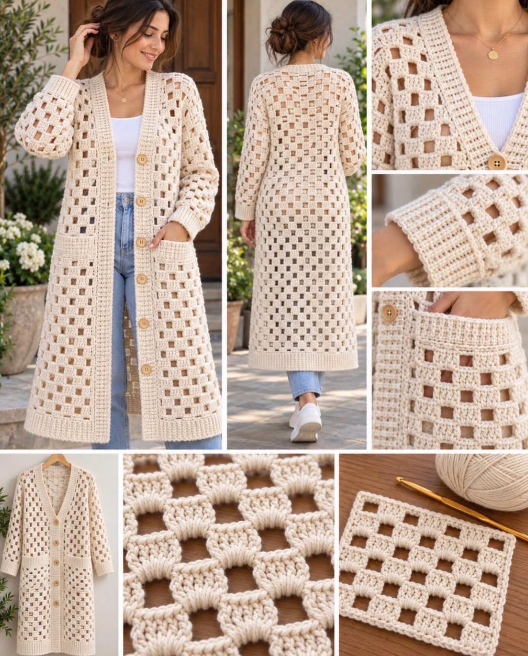 A long, cream-colored crochet cardigan with ribbed cuffs, hem, button band, and open mesh construction, modeled and shown in close-up.