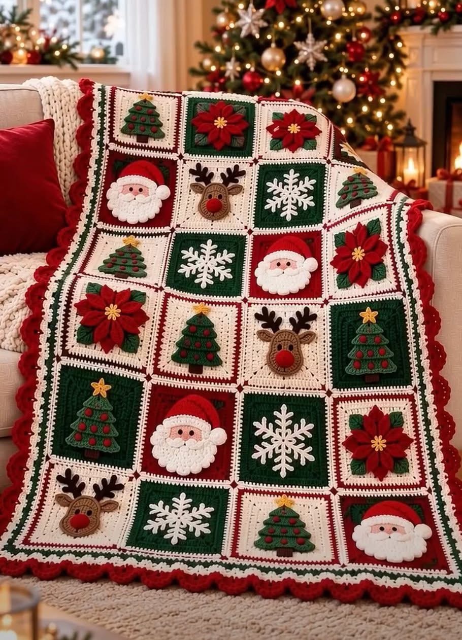 A colorful crocheted Christmas blanket made of squares featuring Santa faces, reindeer, Christmas trees, snowflakes, and poinsettia flowers.
