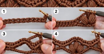 Brown crochet swatch with a puffed petal lattice stitch and step-by-step tutorial images.