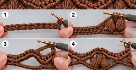 Brown crochet swatch with a puffed petal lattice stitch and step-by-step tutorial images.