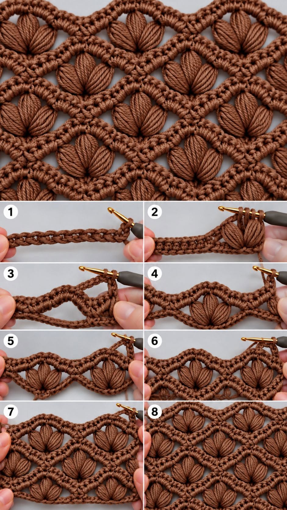 Brown crochet swatch with a puffed petal lattice stitch and step-by-step tutorial images.