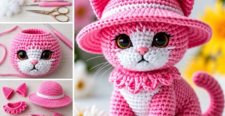 A crocheted pink cat amigurumi with a sunhat and frilly collar, shown in assembly steps and finished form.