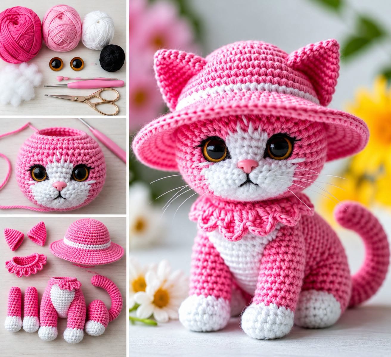 A crocheted pink cat amigurumi with a sunhat and frilly collar, shown in assembly steps and finished form.