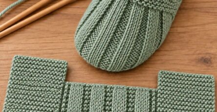A pair of sage green ribbed slippers and a corresponding flat crochet piece with yarn and knitting needles on a wooden surface.