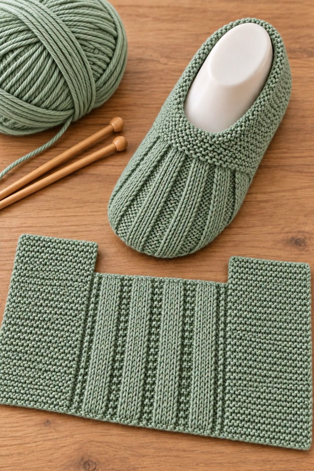 A pair of sage green ribbed slippers and a corresponding flat crochet piece with yarn and knitting needles on a wooden surface.