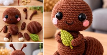 A crocheted amigurumi ant plushie with large black eyes, pink cheeks, and a green leaf, shown assembled and in pieces with crochet supplies.