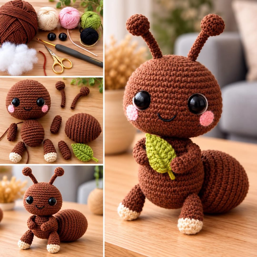 A crocheted amigurumi ant plushie with large black eyes, pink cheeks, and a green leaf, shown assembled and in pieces with crochet supplies.