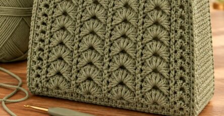 A sage green crochet handbag with textured panels, sturdy handles, and a fabric-lined interior, displayed with a ball of yarn and a crochet hook.