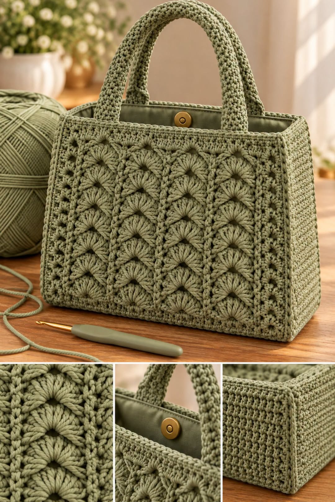 A sage green crochet handbag with textured panels, sturdy handles, and a fabric-lined interior, displayed with a ball of yarn and a crochet hook.