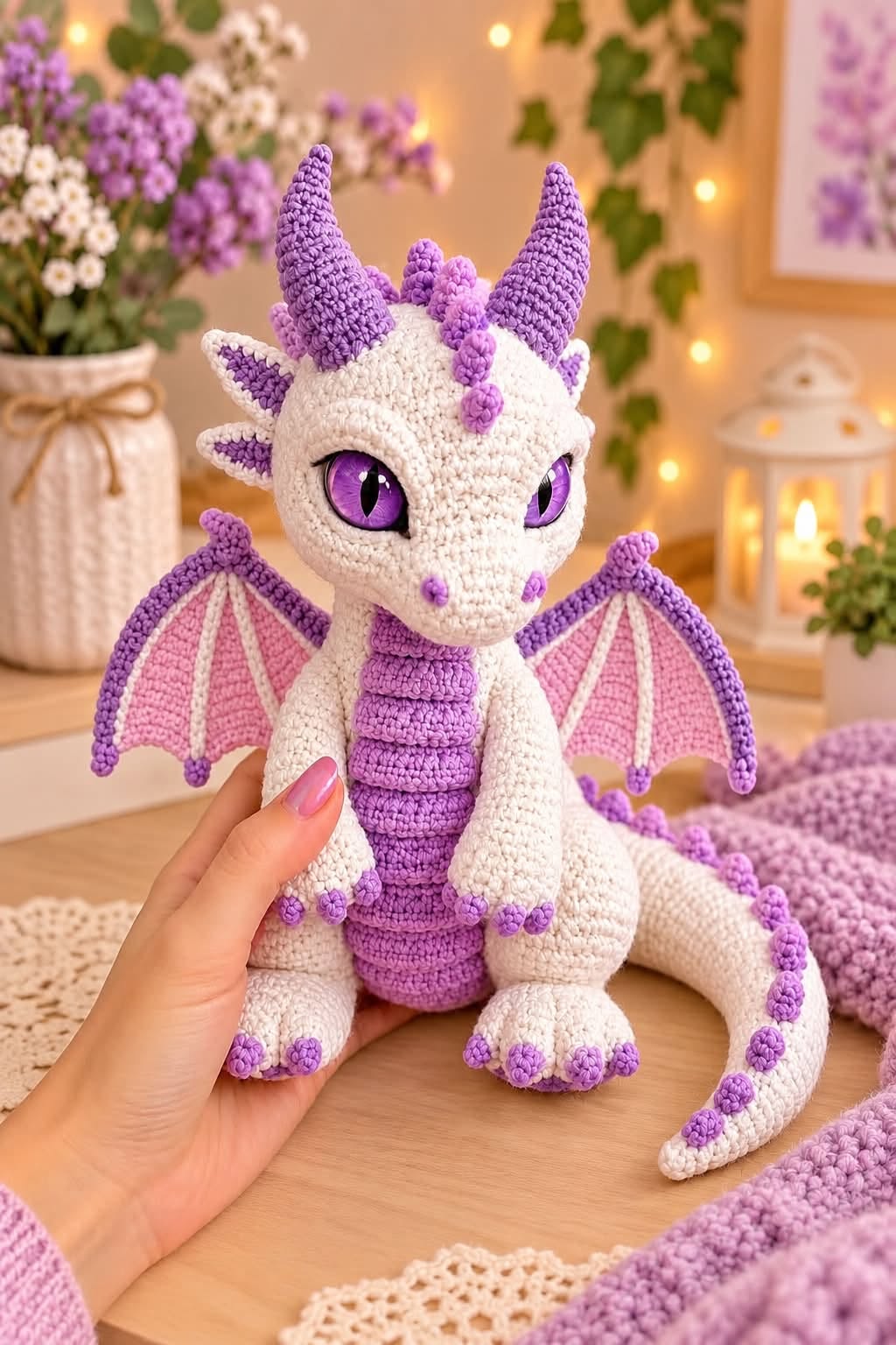 A crocheted amigurumi baby dragon in cream and purple with lavender accents and large, expressive eyes.