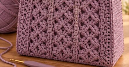 A lavender crochet handbag with textured flower motifs, structured sides, sturdy handles, and a snap closure.
