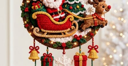 A colorful crochet Christmas wreath with Santa in a sleigh, a reindeer, tree, snowflakes, and hanging festive ornaments.