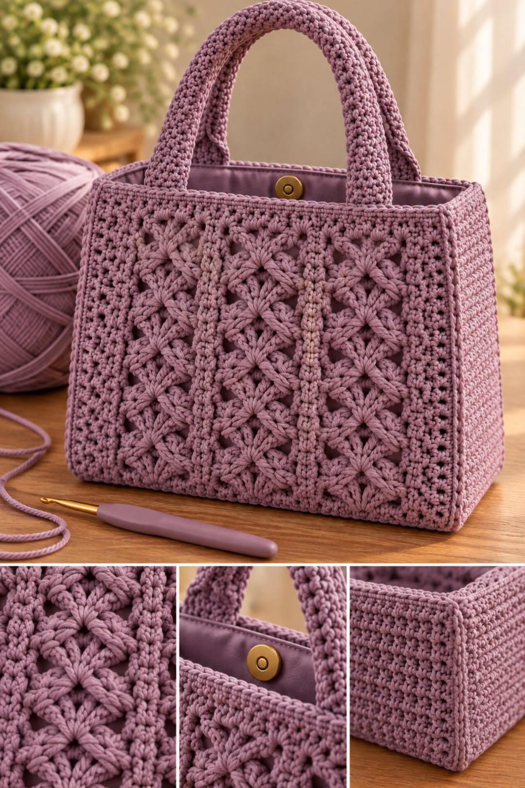 A lavender crochet handbag with textured flower motifs, structured sides, sturdy handles, and a snap closure.