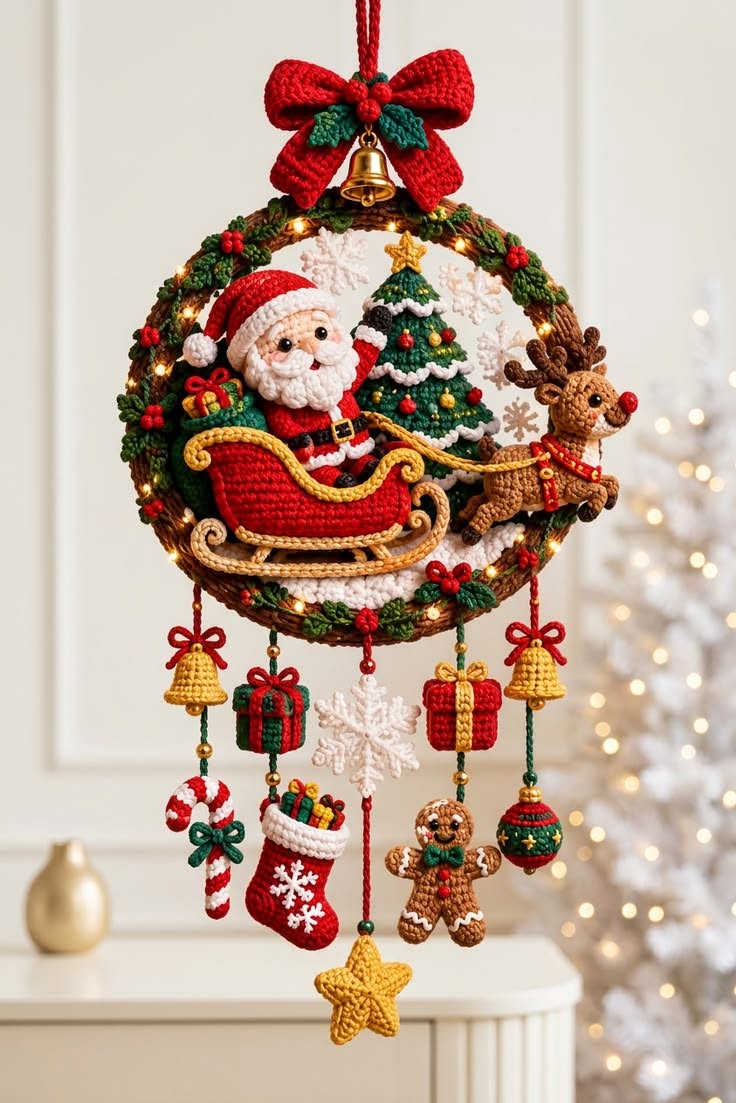 A colorful crochet Christmas wreath with Santa in a sleigh, a reindeer, tree, snowflakes, and hanging festive ornaments.