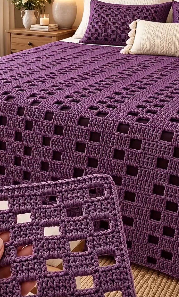 A purple crochet bedspread and pillow set with a modern open square windowpane pattern.