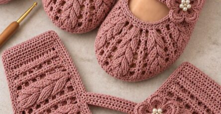 A pair of rose pink crochet Mary Jane slippers with puff stitch texture and a decorative flower with beads on the strap.